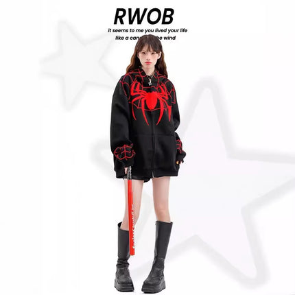 plus size National Fashion Embroidered Spider Hooded Sweater Jacket Men's and Women's Loose oversize Couple's Cardigan Top All-match