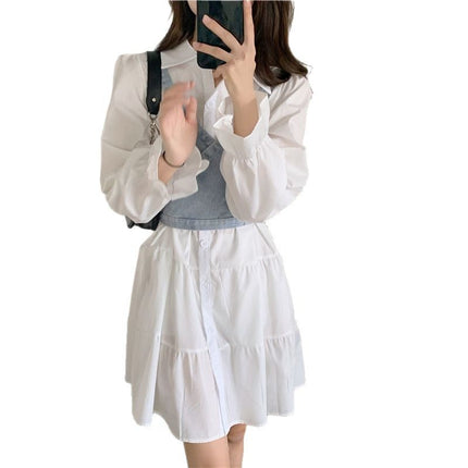 White dress Spring Thin 2025 New Vintage French Style Waist Design Long Sleeve Polo Collar Dress for Women