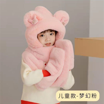 Winter Warm Plush Bear Hat, Scarf, Gloves, Hat, One-Piece Fleece-Lined and Thickeneded Three-Piece Set, Cute and Versatile Scarf
