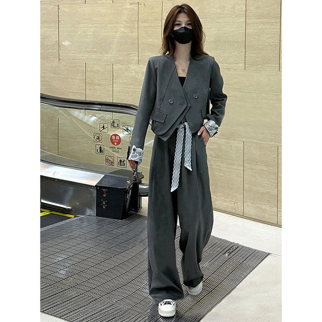 Women's Suit Set 2026 Spring New Style Lace Ribbon Cuff Blazer + Straight-Leg Pants Elegant Set