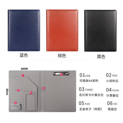 A4 Leather File Clipboard with 8-Digit Calculator Multi-Functional Manager Clip Car 4S Shop Folder to Make Log Storage