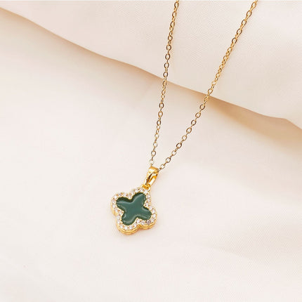 Light Luxury Double-sided Oil Drop Four-leaf Clover Necklace Women's Golden High-grade Micro-set Zircon Flower Pendant Clavicle Chain Accessories
