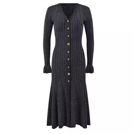 French-Style Waist-Cinching Long Dress for Women with Gold Thread V-Neck and Gold Button Single-Breasted Design, 2026 Autumn and Winter New Model, Elegant Slim-Fit Knit Dress