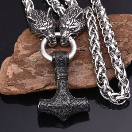 Foreign Trade Explosions Viking Retro Rune Hammer Pendant Wolf Head Necklace Nordic Norway Style Jewelry Men's Wholesale Hair