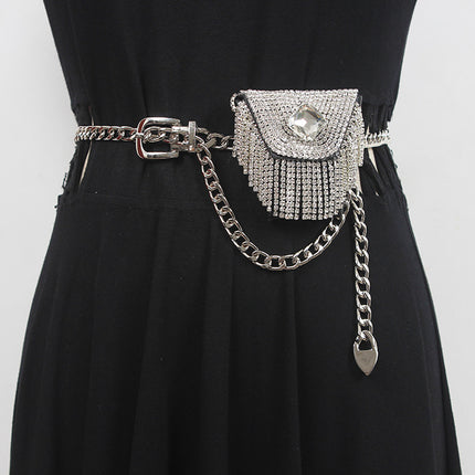 Mini Full diamond small waist bag female fashion ins silver decorative waist chain bag new adjustable body chain rhinestone bag