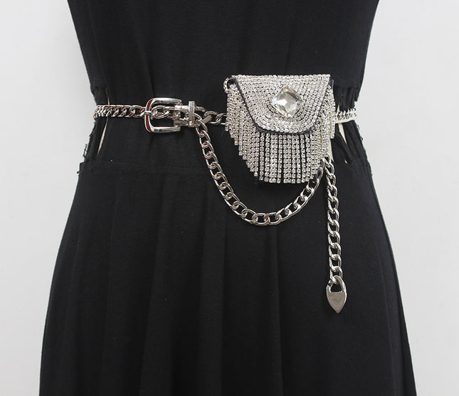Mini Full diamond small waist bag female fashion ins silver decorative waist chain bag new adjustable body chain rhinestone bag