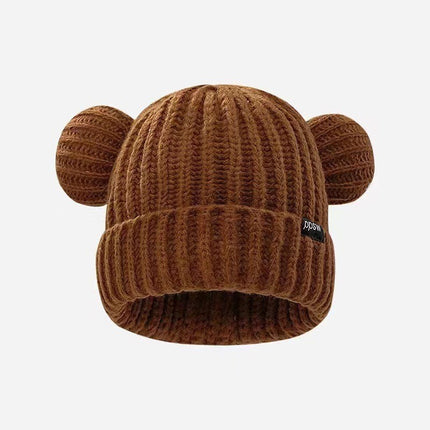 Bear plush knitted hat women's autumn and winter warm anti-fur pullover wool hat face-looking small sweet cute basin hat