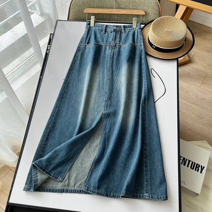 plus size Women's Autumn Pear-Shaped Figure Split Denim Skirt Skirt chubby girl High Waist Slimming A- line Straight Long Skirt