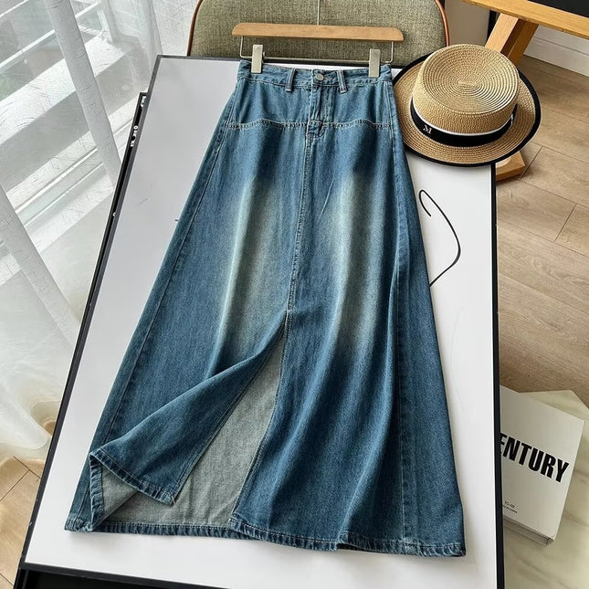 plus size Women's Autumn Pear-Shaped Figure Split Denim Skirt Skirt chubby girl High Waist Slimming A- line Straight Long Skirt
