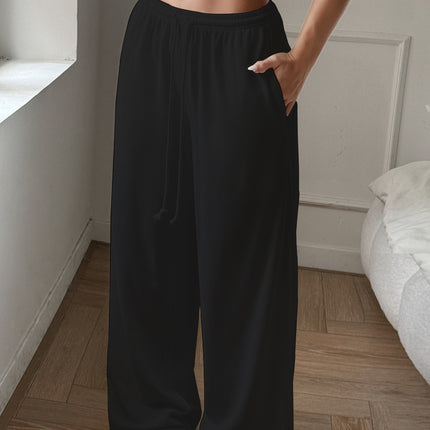 European and American New Autumn Women's Sports Daily Casual Elastic Waistband Pocket Solid Color Wide-Leg Pants with a Relaxed Feel