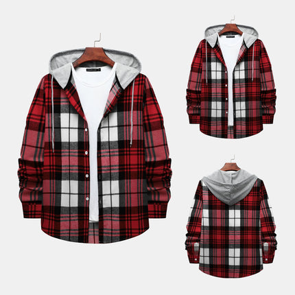 Cross-border Hooded Plaid Shirt Men's 2024 Foreign Trade Autumn Harajuku Style Plaid Hooded Shirt Men's Hong Kong Style Casual Shirt