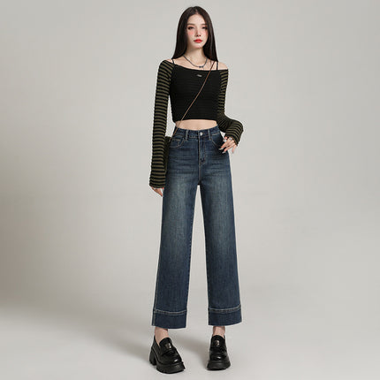Korean-style All-match Cropped Straight Jeans Women's 2025 Spring New High Waist Elastic Slimming Smoke Pipe and French Stick Pants