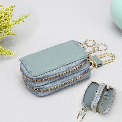Foreign trade leather key bag matte big Li grain double zipper first layer cowhide car key bag universal key bag