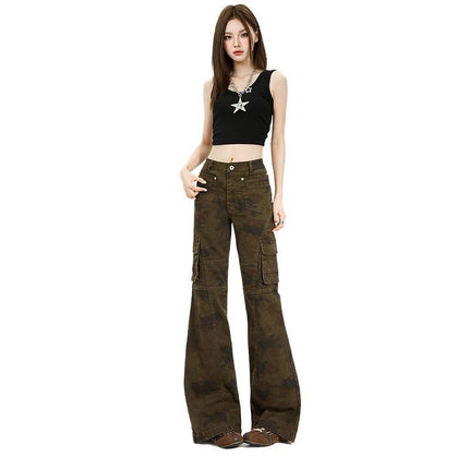 American Retro Camouflage High-Waisted Flared Cargo Pants for Women, Spring and Autumn New Slim-Fit Drapey Casual Bell-Bottom Pants for Women