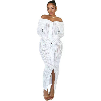 Amazon Explosions Long Sleeve dress Collar Sexy Bag Hip Dress European and American Fashion Elegant Wave Pattern Design Sense