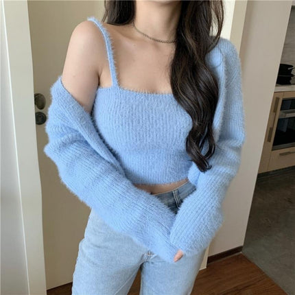 South Korea's Dongdaemun Soft Waxy Knitted Cardigan Two-Piece Set for Women Spring and Autum Plush Short Camisole Suit