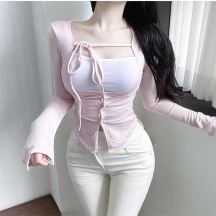 South Korea's Dongdaemun Spring and Summer New Style Pure Lust Style Figure-Showing Suspenders + Lace-Up Sun Protection Thin Cardigan Two-Piece Set