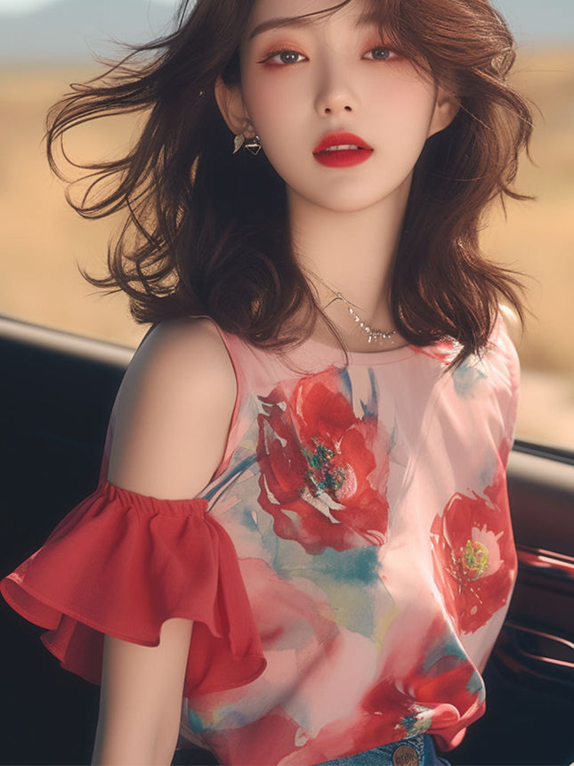 New Chinese Style Summer Xiaizhong French Style Light Mature Chic Beautiful Top Light Luxury High-end Red Printed Dig Shoulder Shirt for Women
