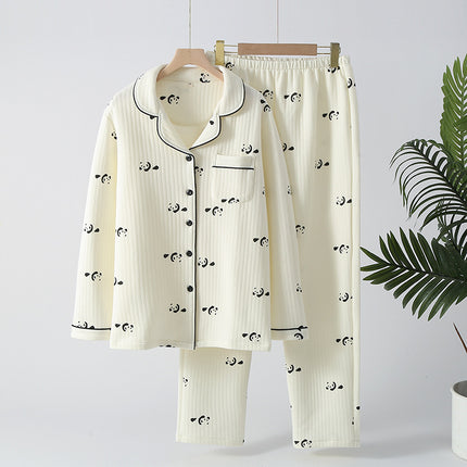 Three Layer Air Cotton Sandwich Printed Women's Pajamas suit Autumn and Winter Air Lapel Long Sleeve Trousers Home Clothes