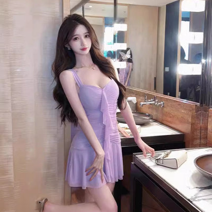 Sexy Mesh Tassel Stitching Ruffled Sling Hip Dress Spice Girl Figure Low-cut Deep V Skirt