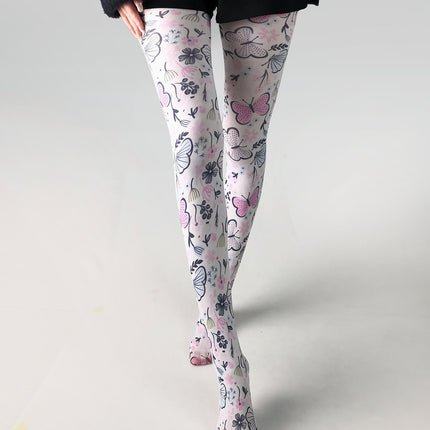 Cross-border thin printed pantyhose spring and autumn versatile butterfly wild abstract retro stockings women's socks anti-snagging wholesale