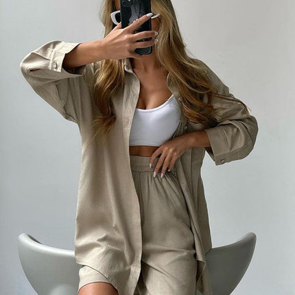 2024 spring European and American new solid color single-breasted long sleeve shirt loose fashion casual shorts suit in stock
