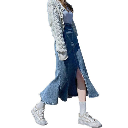 light blue Denim Skirt Women's Trendy All-match New Arrival plus size High Waist Hip Covering Slimming Split Fishtail Skirt