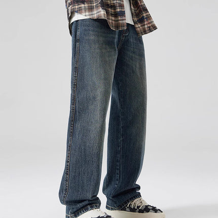 2025 Cross-Mirror Retro Washed Jeans Men's Trendy Brand Versatile Loose Draped Wide-Leg Straight Pants Autumn Style