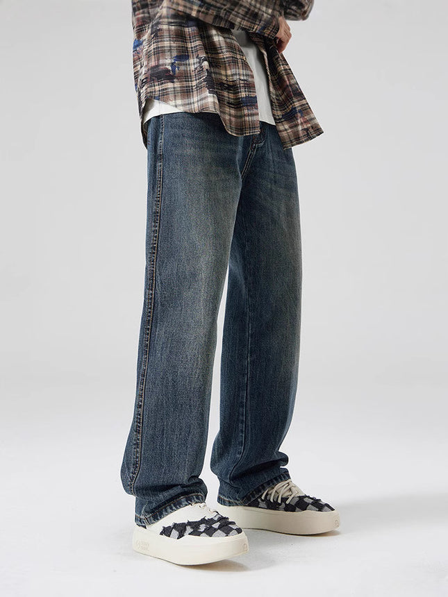 2025 Cross-Mirror Retro Washed Jeans Men's Trendy Brand Versatile Loose Draped Wide-Leg Straight Pants Autumn Style