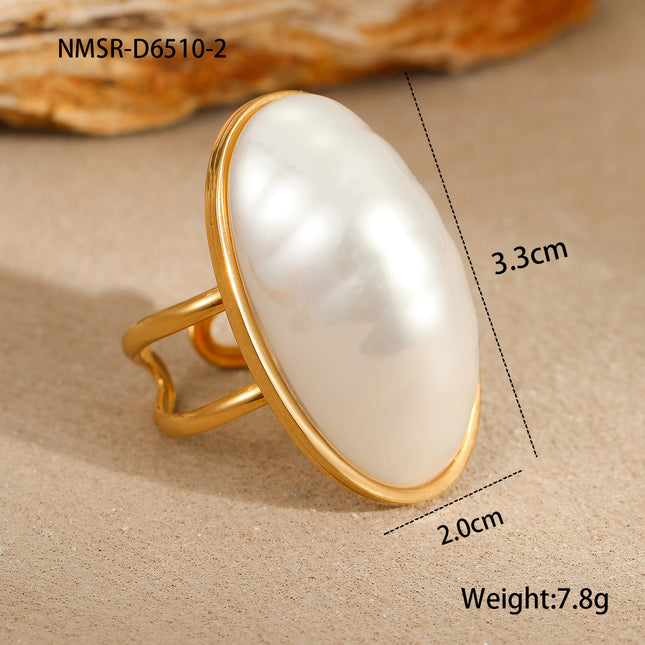 European and American Cross-Border Ins Niche Oval Egg-Shaped Pearl Ring Titanium Steel Ring Design Bow Open Ring