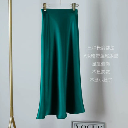 High-Quality Elastic Waist Triacetate Skirt for Women, Peacock Green, Elegant, Retro, Slimming and Drapedy Satin