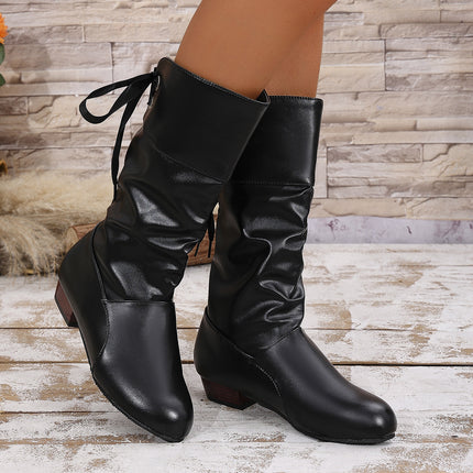 2024 autumn and winter extra large size student knight boots cross-border supply low heel round head back lace warm boots women