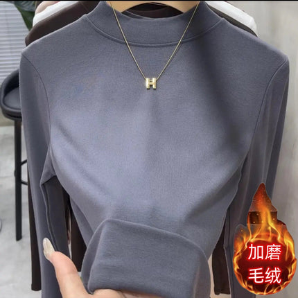 2025 Autumn and Winter New Style Plus Brushed Inner Small Stand-Up Collar Pure Color Simple Versatile Slimming Look Half Turtleneck Bottoming T-Shirt for Women