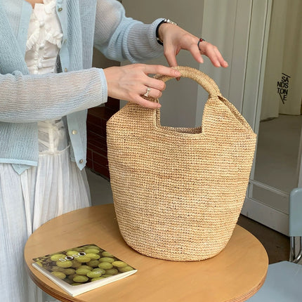 2026 New High-End Raffia Woven Bag, Handmade Straw Bag, Seaside Vacation Beach Bag, Hand-Held Tote Bag