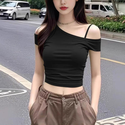 New Style Pure Desire Short Crop Top for Hot Girls, One-Shoulder Black Asymmetrical Neckline, Unique and Chic Small Top, Women's Summer Short-Sleeve T-Shirt