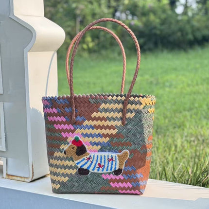 2026 New Retro Striped Dachshund Dog Woven Basket Bag Handbag for Office Workers and Students, Women's Lunch Box Bag