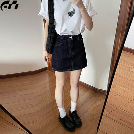 Dark Blue Denim Short Skirt for Women 2025 Summer New Anti-Exposure High-Waisted Slimming Look Petite A-Line Skirt Pants