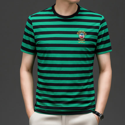 Mingdi Mouse Men's Summer New Short-sleeved Young and Middle-aged Crewneck T-shirt Business All-match Striped Men's T-shirt Top