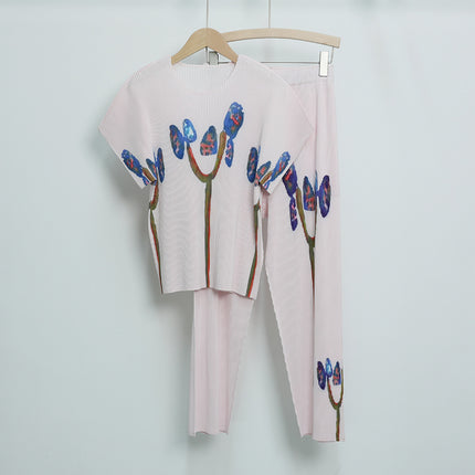Fashion Pleated Suit for Women, Summer New Style, Age-Reducing Round Neck Top, Nine-Point Pants, High-End Casual Two-Piece Set