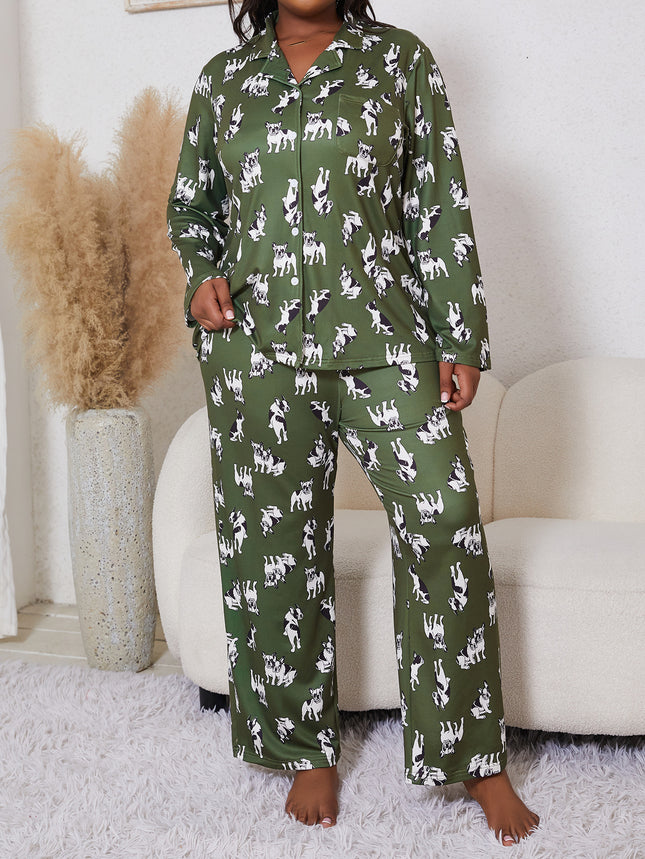 Cross-border plus size Women's Pajamas Cartoon Printed Casual Loose Autumn and Winter New Long Sleeve Trousers Two-piece Set