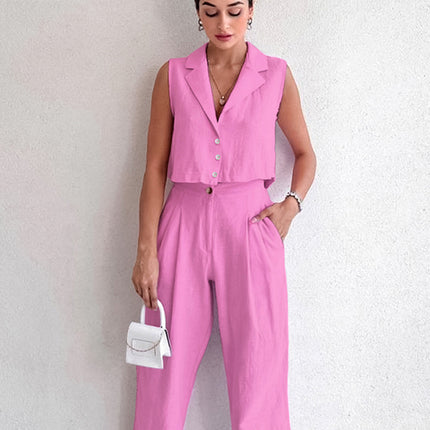2026 Summer Fashion Business Suit European and American Style Khaki Cotton Linen Sleeveless Blazer Vest and Long Pants Two-Piece Women's Set
