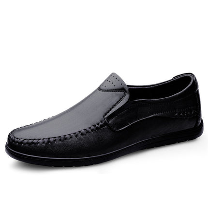 2024 spring new men's casual leather shoes first layer cowhide punching flat leather shoes lightweight peas shoes hollow shoes