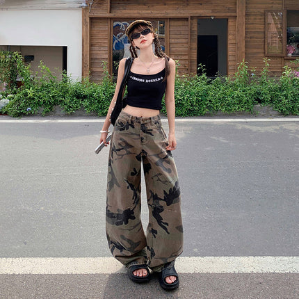 American Retro High Street Straight Washed Distressed Camouflage Jeans Women's High Waist Loose Wide Leg Drape Long Pants