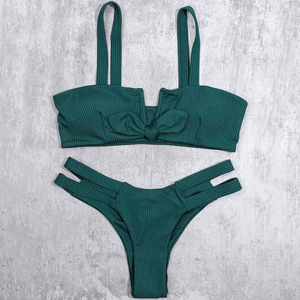 Billion Swimming 2024 Cross-border New Solid Color Bow Low Waist Bikini Women's European and American Sexy Split Swimsuit