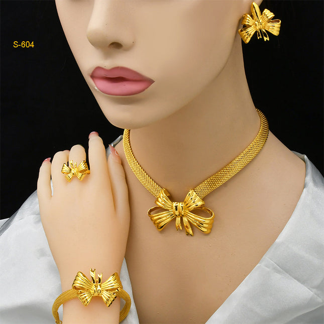 24K Dubai gold jewelry set Saudi bridal necklace bracelet earrings ring Indian ladies four piece wholesale