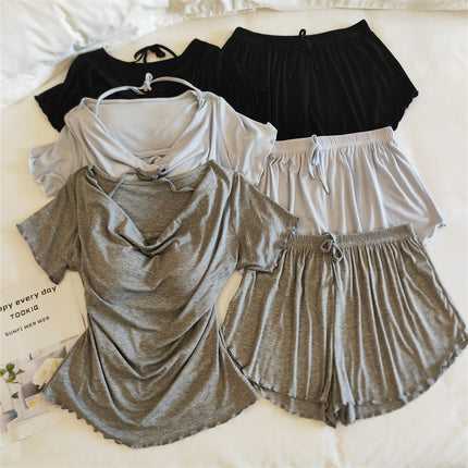 Girls' Pajamas Modal Cotton Short-Sleeved Shorts Summer Lace Women's Three-Piece Casual Home Wear Set with Breast Pads