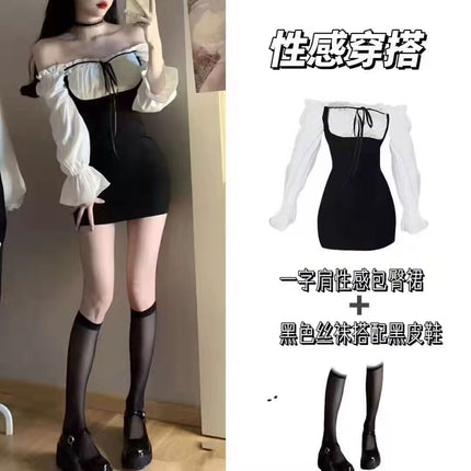 Autumn and winter hot girl fake two-piece dress women's new French long-sleeved high-grade waist slim hip short skirt