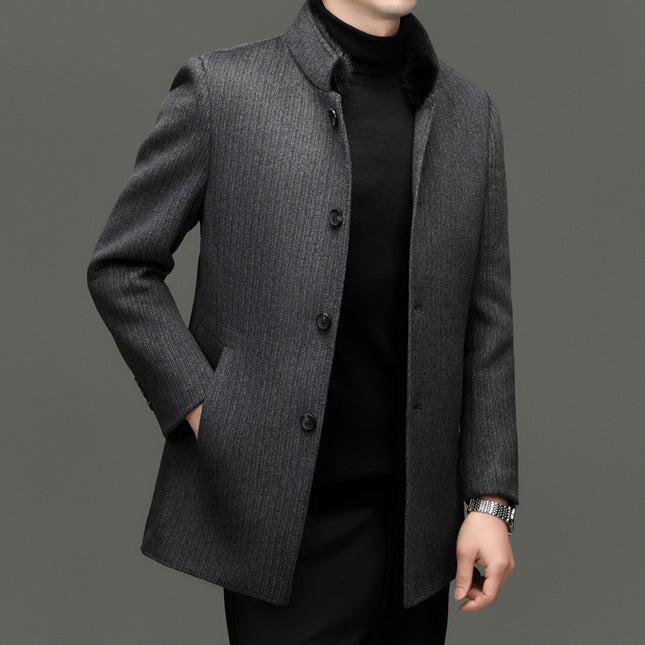 Double-Sided Cashmere Outwear Men's Mid-Length Stand-Up Collar Business Winter Mink Collar Detachable down Liner Woolen Outwear