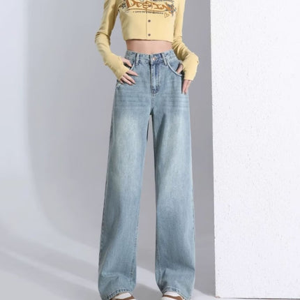 Vintage Blue Wide Leg Jeans Women's Trendy All-match New High Waist Slimming Old Style Design Sense Wear-out Straight Pants