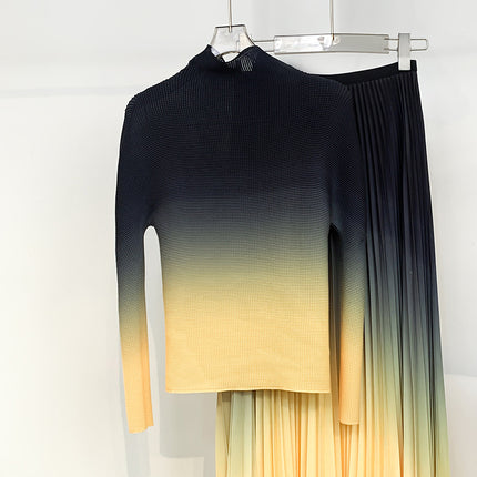 Textured Pleated Bottoming Shirt for Women, Elegant High Collar, Slim Fit, Miyake Non-Balling Gradient Long-Sleeved T-Shirt Top